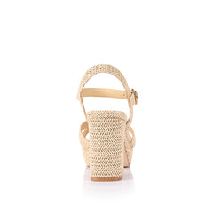 Women's raffia platform block heel strappy sandal with crossover straps and buckle fastening