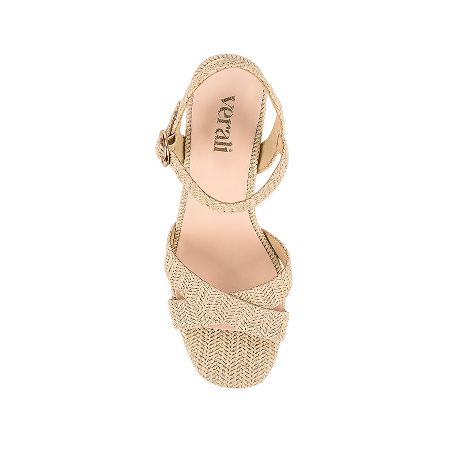 Women's raffia platform block heel strappy sandal with crossover straps and buckle fastening