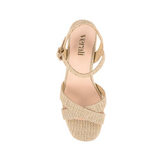 Women's raffia platform block heel strappy sandal with crossover straps and buckle fastening