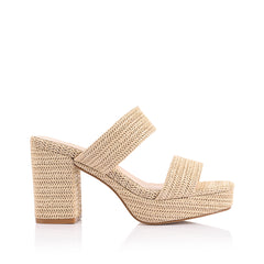 Women's woven raffia platform block heel mules