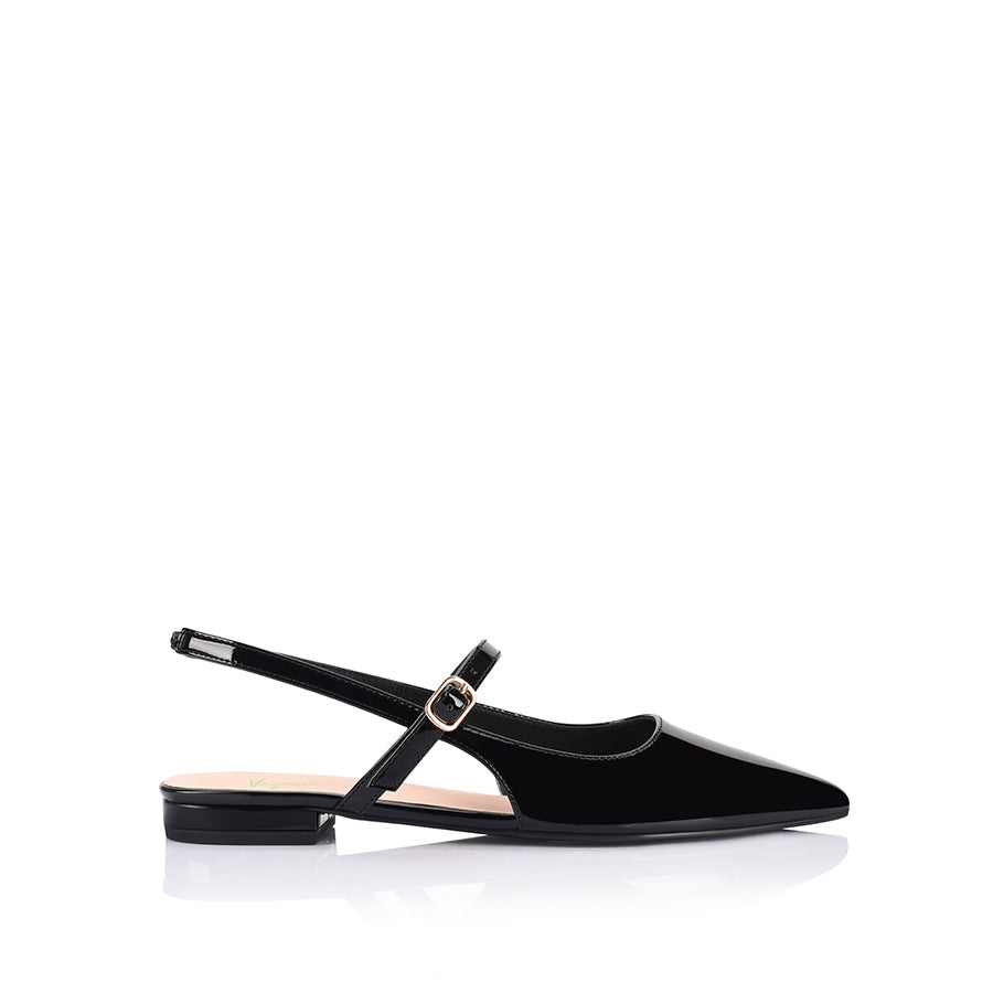 Women's black patent ballet flat with slingback fastening, pointed toe and mary-jane strap