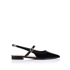 Women's black patent ballet flat with slingback fastening, pointed toe and mary-jane strap