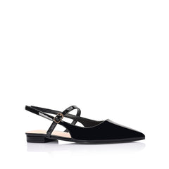 Women's black patent ballet flat with slingback fastening, pointed toe and mary-jane strap