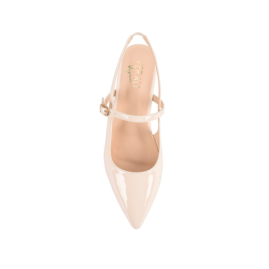 Women's bone patent ballet flat with slingback fastening, pointed toe and mary-jane strap