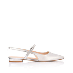 Women's silver mirror ballet flat with slingback fastening, pointed toe and mary-jane strap