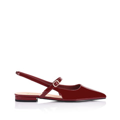 Women's red wine patent ballet flat with slingback fastening, pointed toe and mary-jane strap