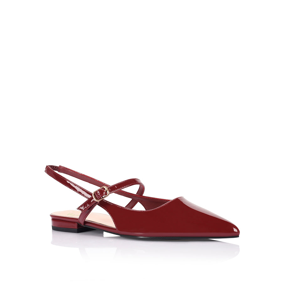 Women's red wine patent ballet flat with slingback fastening, pointed toe and mary-jane strap