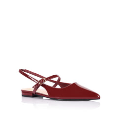 Women's red wine patent ballet flat with slingback fastening, pointed toe and mary-jane strap