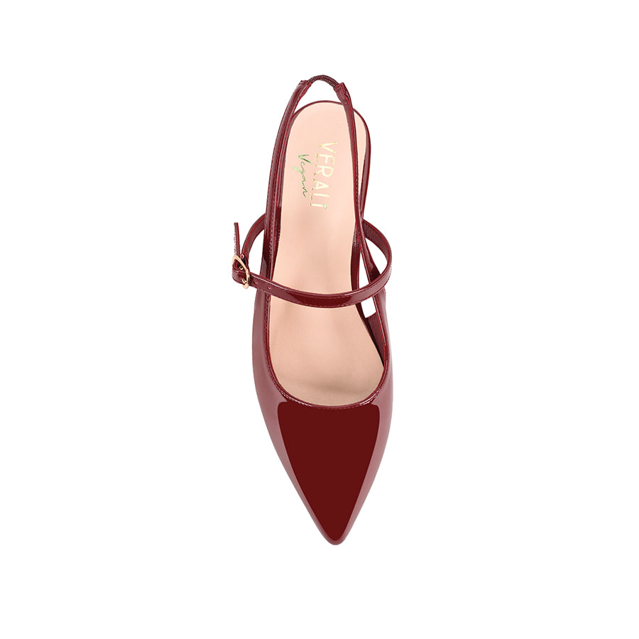 Women's red wine patent ballet flat with slingback fastening, pointed toe and mary-jane strap