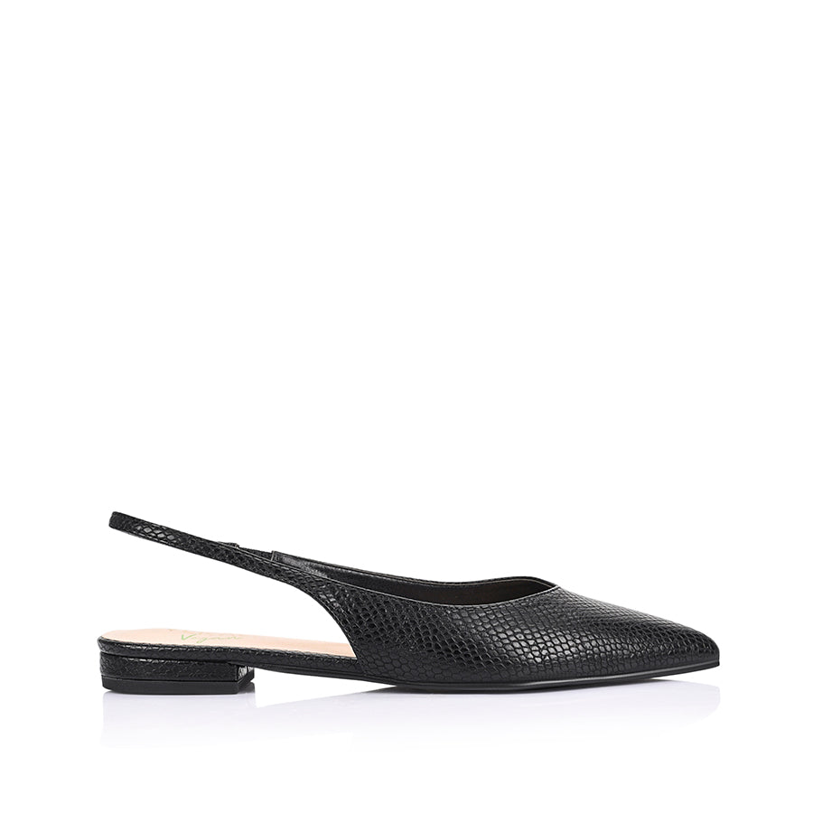 Women's vegan leather flat pointed toe slingback in black snake print