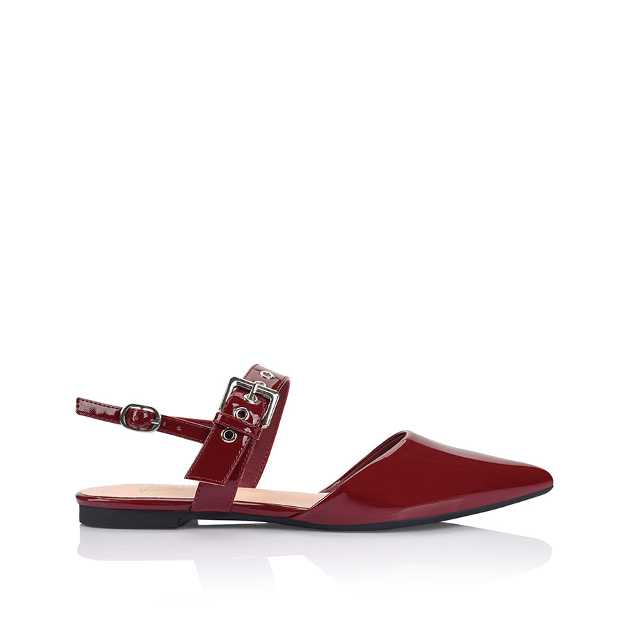 Women's wine patent point toe flat with buckle and slingback
