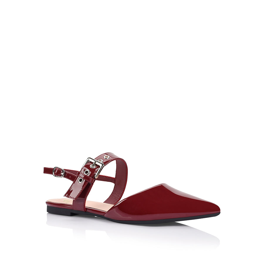Women's wine patent point toe flat with buckle and slingback