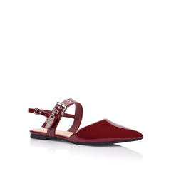 Women's wine patent point toe flat with buckle and slingback