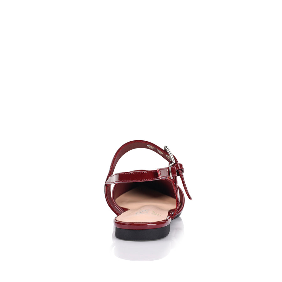 Women's wine patent point toe flat with buckle and slingback