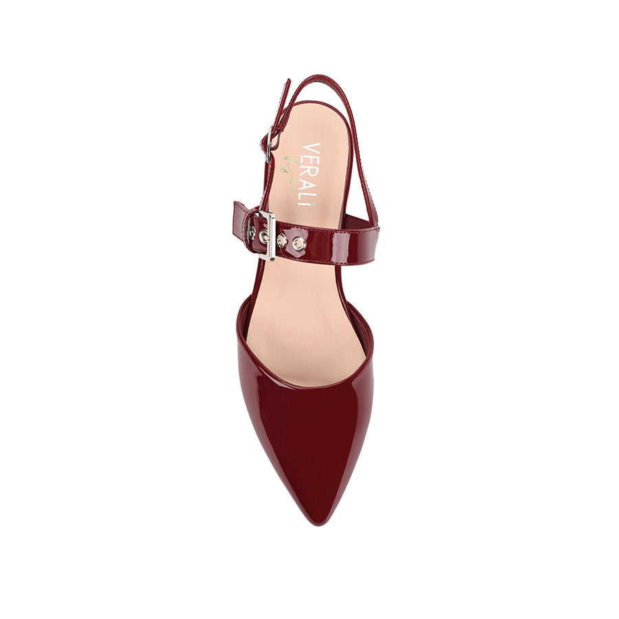 Women's wine patent point toe flat with buckle and slingback