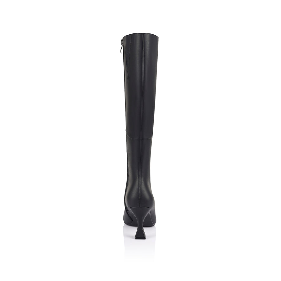 Black knee-high boot with a mid heel and square toe shape