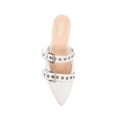 Women's white pointed ballet flat mules with buckle detail