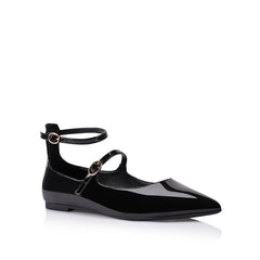 Women's black patent pointed toe ballet flats with buckle