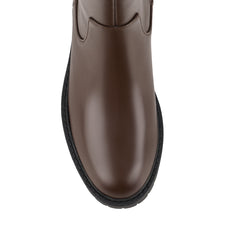 Brown knee-high boot on a a chunky sole