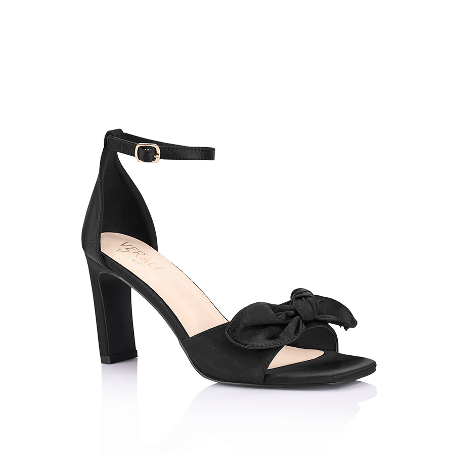 Women's black satin high heel with bow detailing