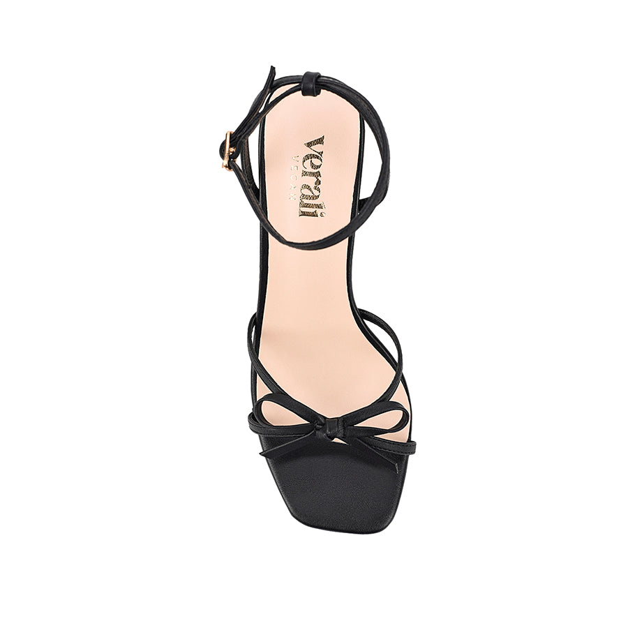 Women's black vegan strappy high heels, with thin straps, bow detail and buckle up ankle strap 
