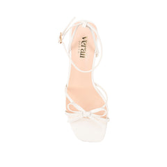 Women's chalk white vegan strappy high heels, with thin straps, bow detail and buckle up ankle strap 
