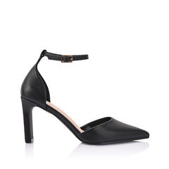 Women's black smooth pointed toe block heel with cupped sole and adjustable ankle strap