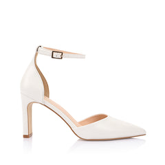 Women's white smooth pointed toe block heel with cupped sole and adjustable ankle strap