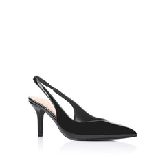 Women's black patent vegan slingback stiletto heel with pointed toe and v cut upper
