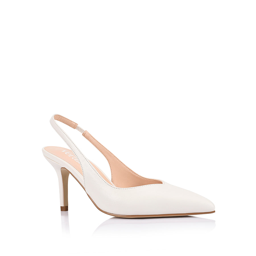 Women's chalk white smooth vegan stiletto heel with elastic slingback and pointed toe