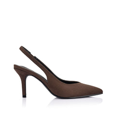 Women's Chocolate brown microsuede stiletto slingback heels with pointed toe and v cut upper