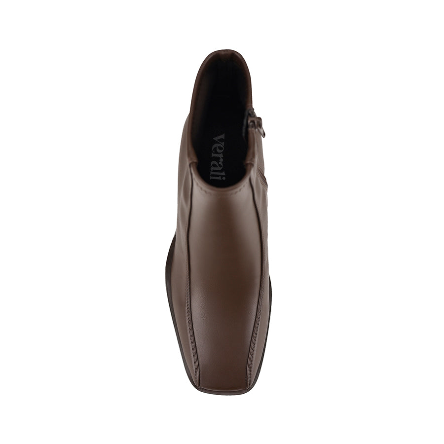 Brown ankle boot with a block heel with a square toe shape and zip closure