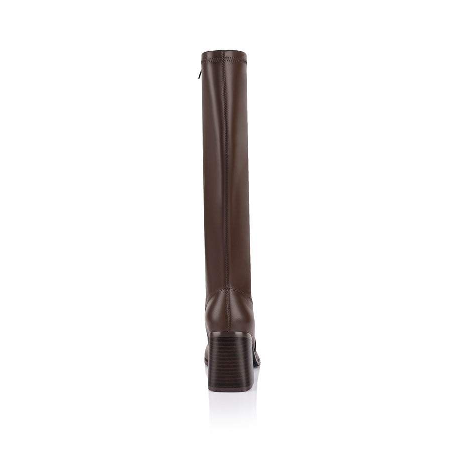 Brown knee high boots with zip closure