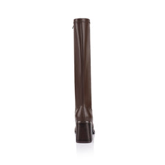 Brown knee high boots with zip closure