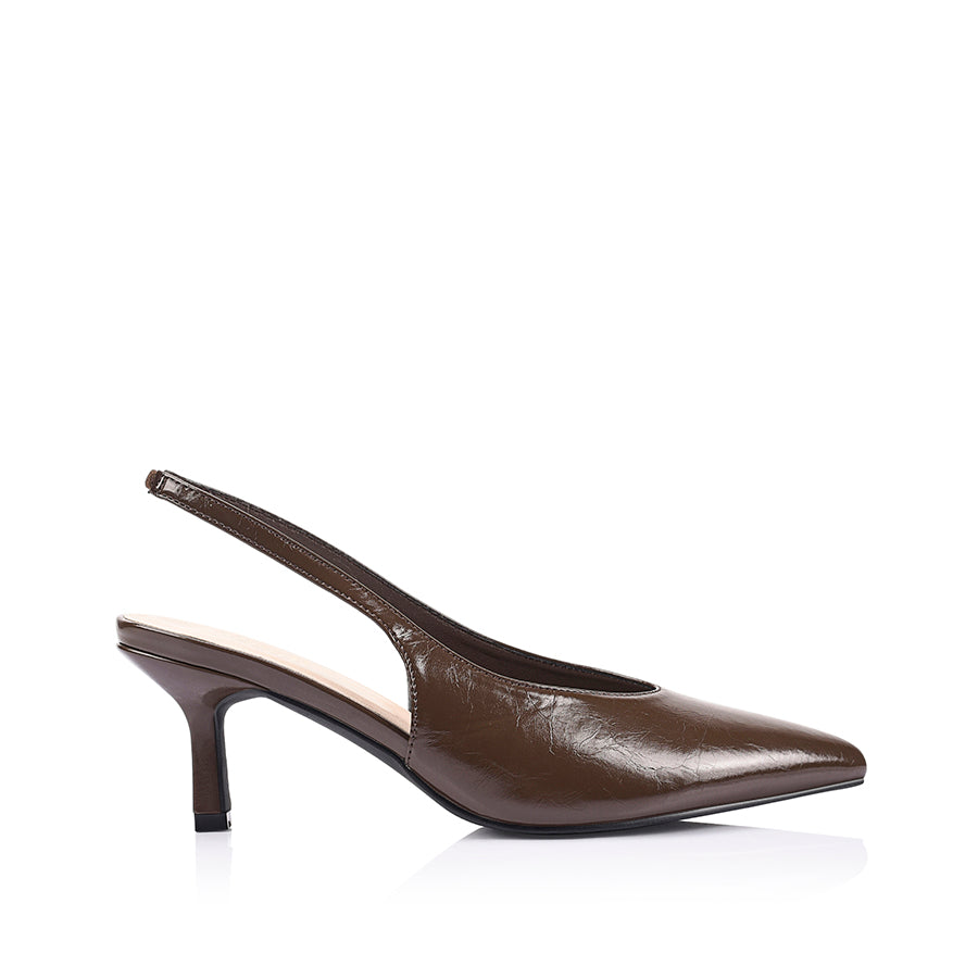 Brown crinkle slingback heel with pointed toe shape