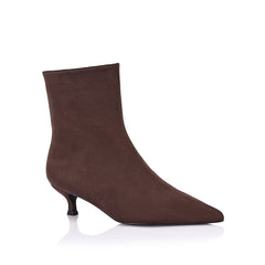 Women's chocolate brown microsuede kitten heel ankle boot with pointed toe