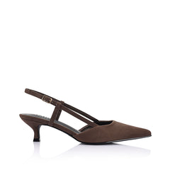 Women's chocolate brown microsuede slingback kitten heel with pointed toe and buckle fastening