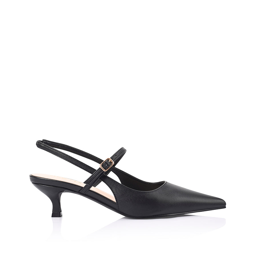Women's vegan black kitten slingback heel with mary jane strap and pointed toe