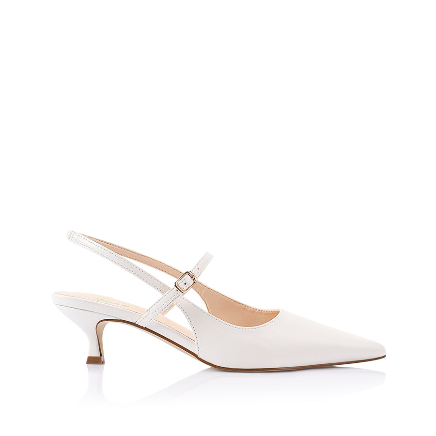 Women's vegan white smooth kitten slingback heel with mary jane strap and pointed toe