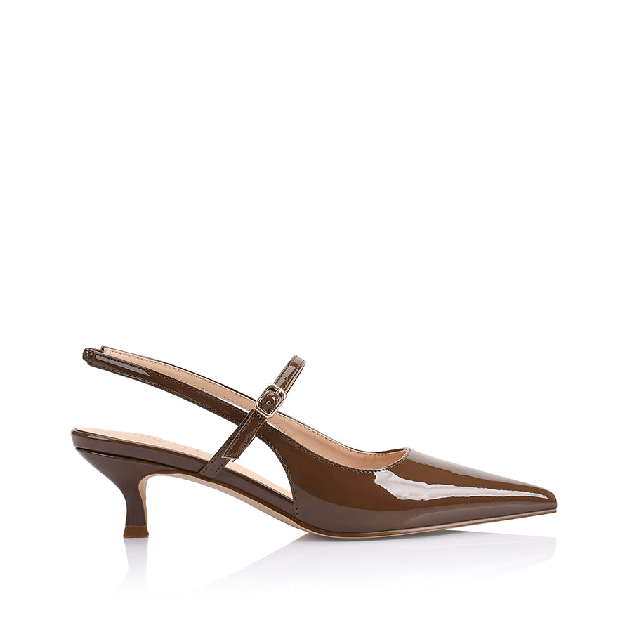 Women's vegan brown patent kitten slingback heel with mary jane strap and pointed toe