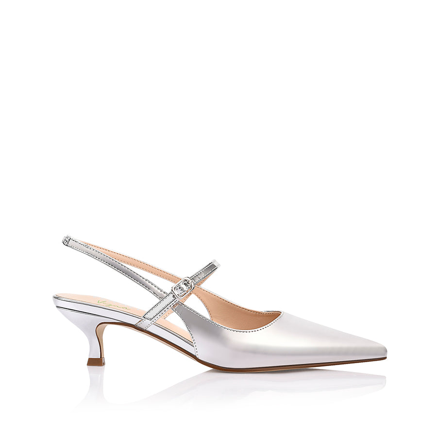 Women's vegan silver mirror kitten slingback heel with mary jane strap and pointed toe