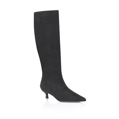Women's tan microsuede knee high boot with kitten heel and pointed toe