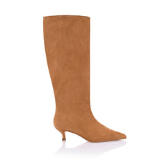 Women's tan microsuede knee high boot with kitten heel and pointed toe