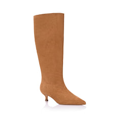 Women's tan microsuede knee high boot with kitten heel and pointed toe