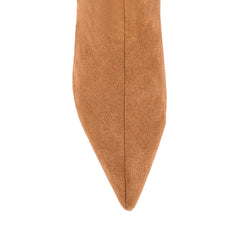 Women's tan microsuede knee high boot with kitten heel and pointed toe