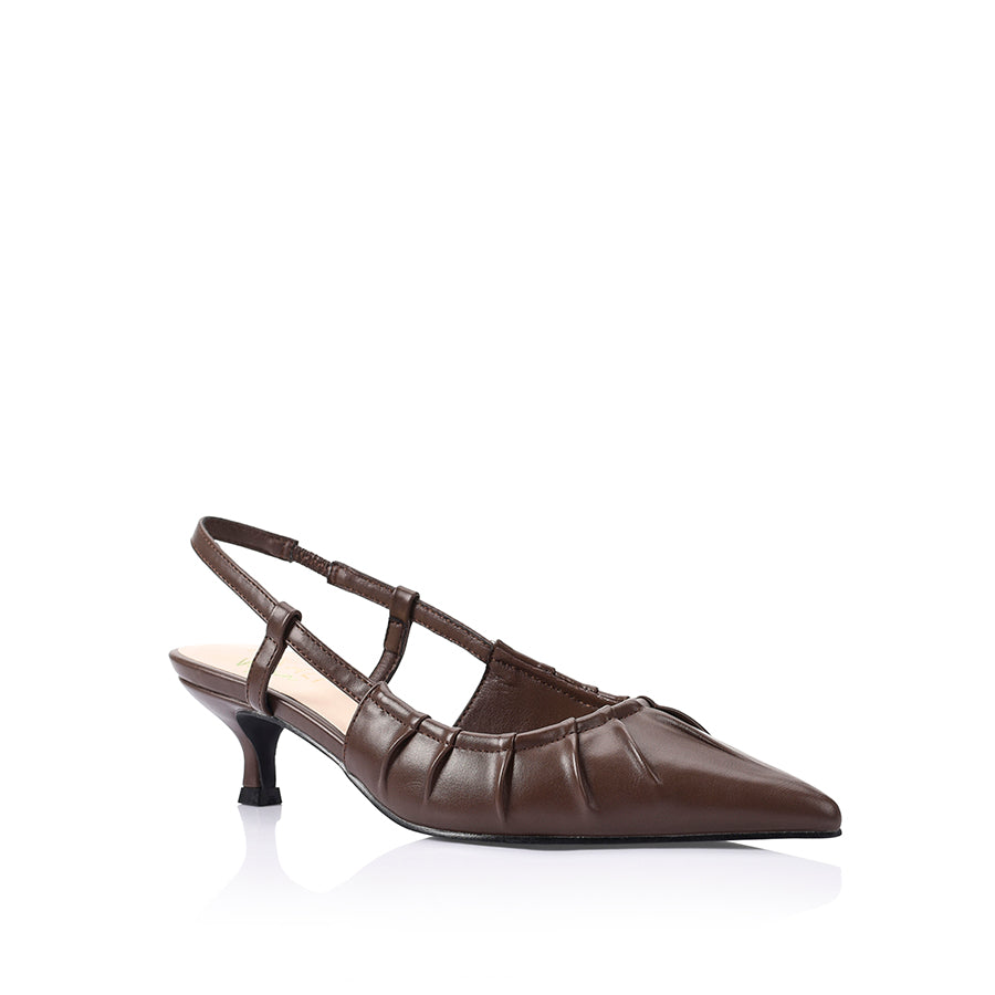 Women's chocolate brown vegan leather slingback kitten heel with pointed toe with gathered upper
