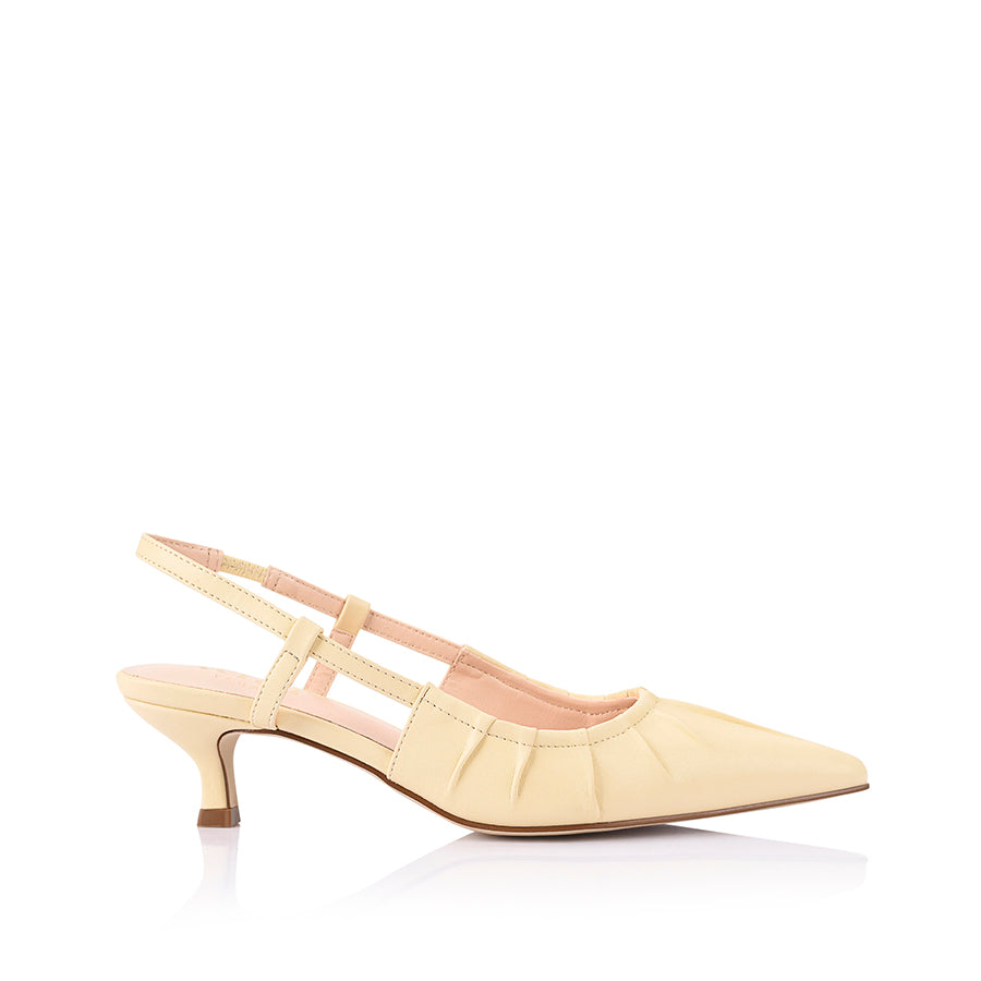 Women's vegan kitten heel slingback in buttercream yellow with gathered upper and elasticated slingback