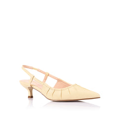 Women's vegan kitten heel slingback in buttercream yellow with gathered upper and elasticated slingback