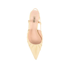 Women's vegan kitten heel slingback in buttercream yellow with gathered upper and elasticated slingback