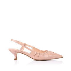 Women's dusty pink vegan slingback kitten heel with gathered upper, elasticated fastening and pointed toe